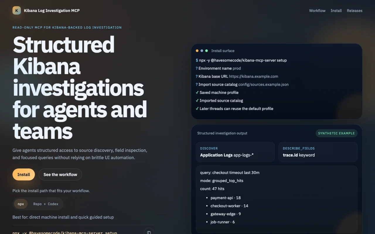 Kibana Log Investigation MCP site showing its read-only setup and a synthetic structured query